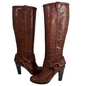 FRYE Vicki Studded Harness Braided Leather Zip Up Tall Boots Womens Size 6.5